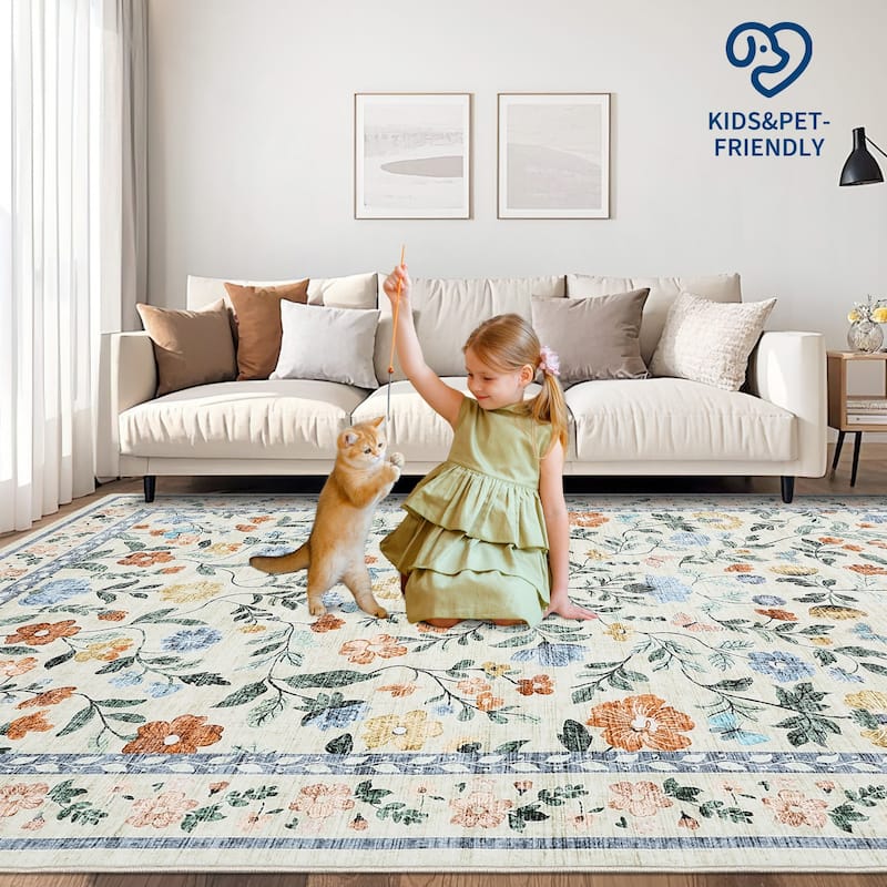 Living Room Rug Machine Washable Area Rug Non Slip Farmhouse Floral Rug Low Pile Soft Foldable Rugs
