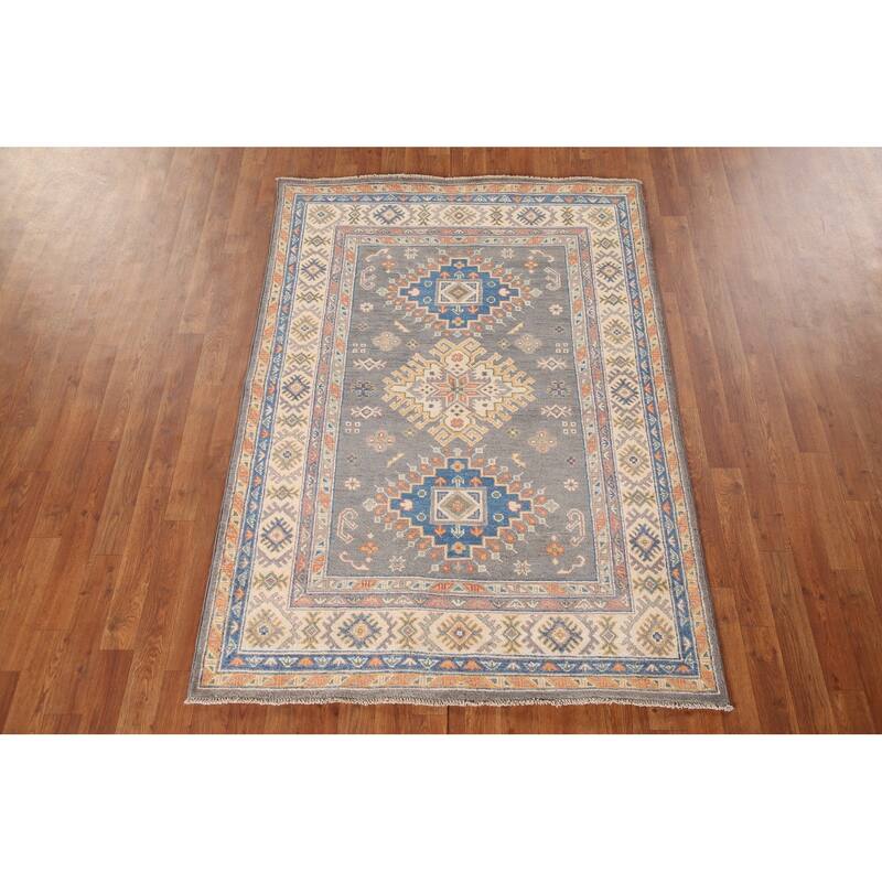 Geometric Kazak Oriental Area Rug Hand-Knotted Wool Carpet - 4'1"x 6'0"