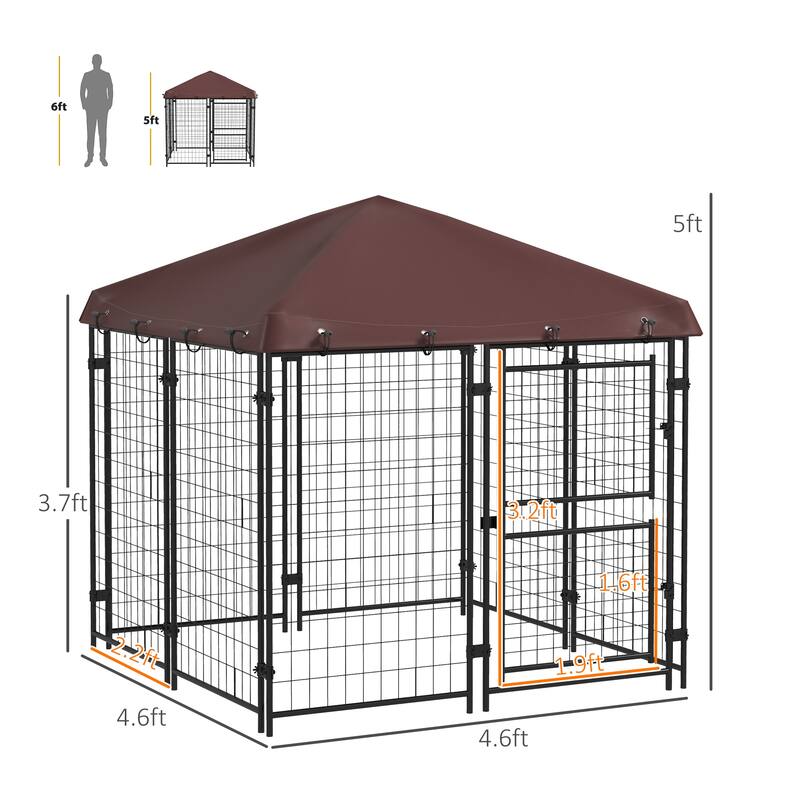 Metal Dog Kennel for Outdoor Use, 4.6' x 5' Dog Playpen with Shade & Two-Part Door for Small Pets