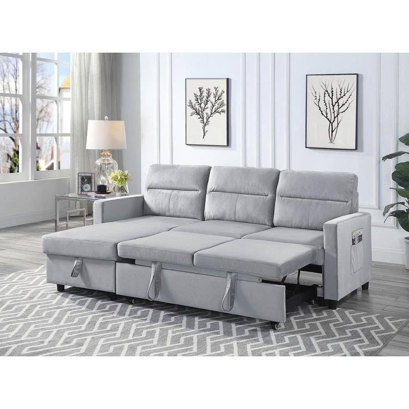 81.5"W Velvet Reversible Sleeper Sectional Sofa with Storage Chaise and Side Pocket