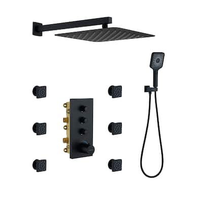 Luxury Thermostatic Shower System 3-Spray Patterns Wall Mount Fixed Shower Head and Handheld Spray with 6 Body Jets - 12" x 12"