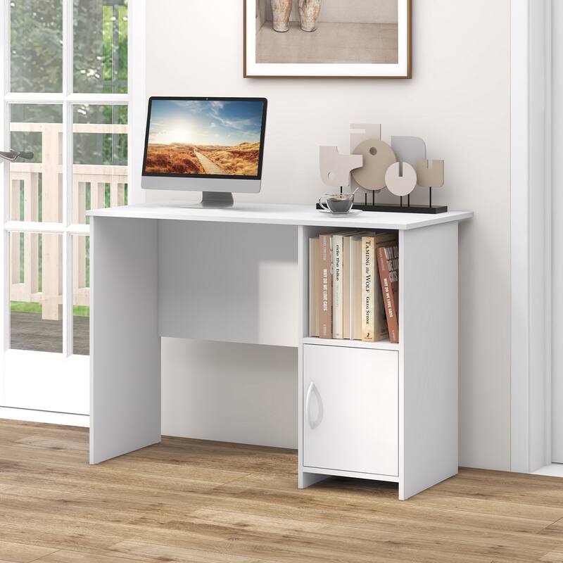 Costway Modern Computer Desk with Cabinet Cable Holes & Open Shelf