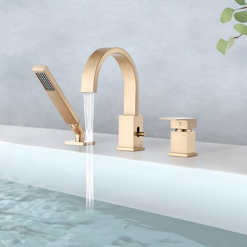 Waterfall Bathtub Faucet with Sprayer, 3-Hole Roman Tub Filler with Hand Shower Deck Mount Waterfall Tub Spout Set