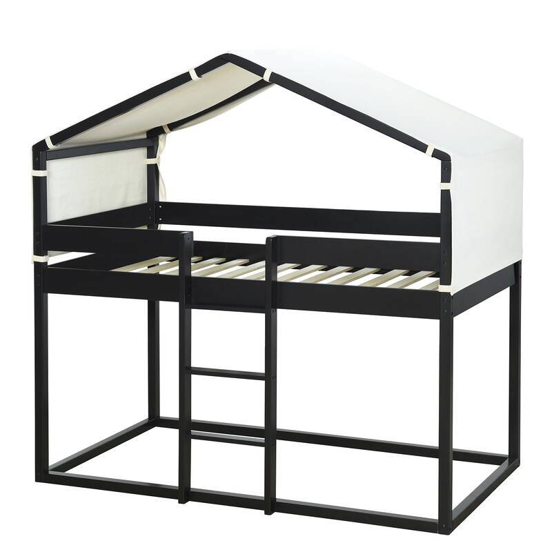 Twin Over Twin House Bunk Bed with Tent, Solid Wood Double Bedframe