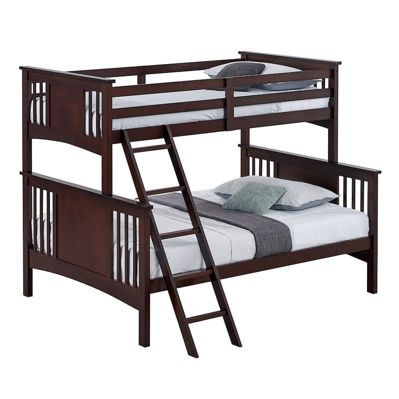 Twin Over Full Bunk Bed with Angled Ladder, Dark Brown Solid Hardwood, Sturdy Design