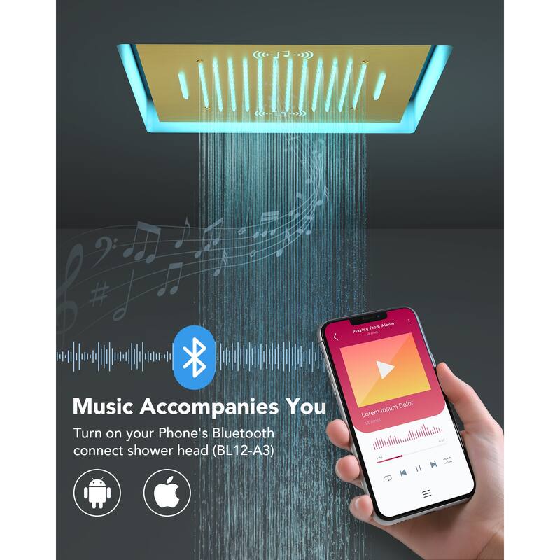 20" Thermostatic Shower System, 64-Color LED Mood Lighting 2-Functions Shower Head with Bluetooth Music & 3 Body Jets