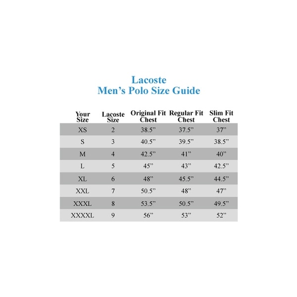 lacoste live size chart