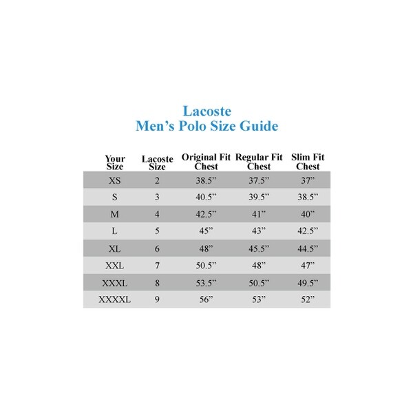 lacoste slim fit size chart