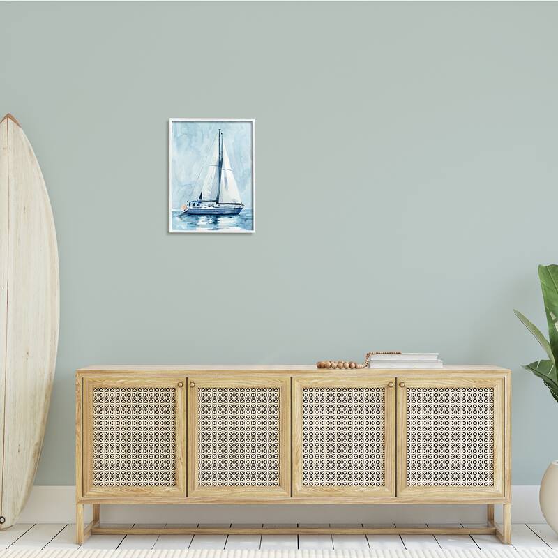 Stupell Nautical Blue Sailboat Tranquil Coastal Water Watercolor Painting Framed Wall Art - White