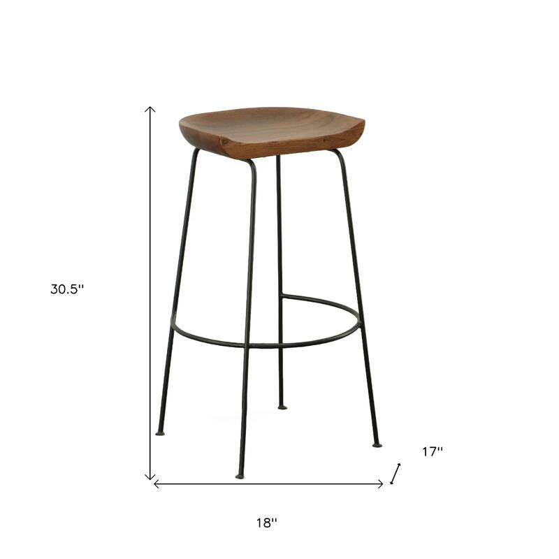 Set of Two 25" Chestnut and Black Solid Wood and Steel Backless Counter Height Bar Chairs