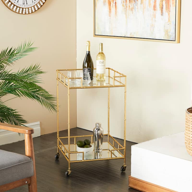 Metal Rolling 2 Mirrored Shelves Bar Cart - Gold - Roche River Decor - 18"Wx18"Lx30"H