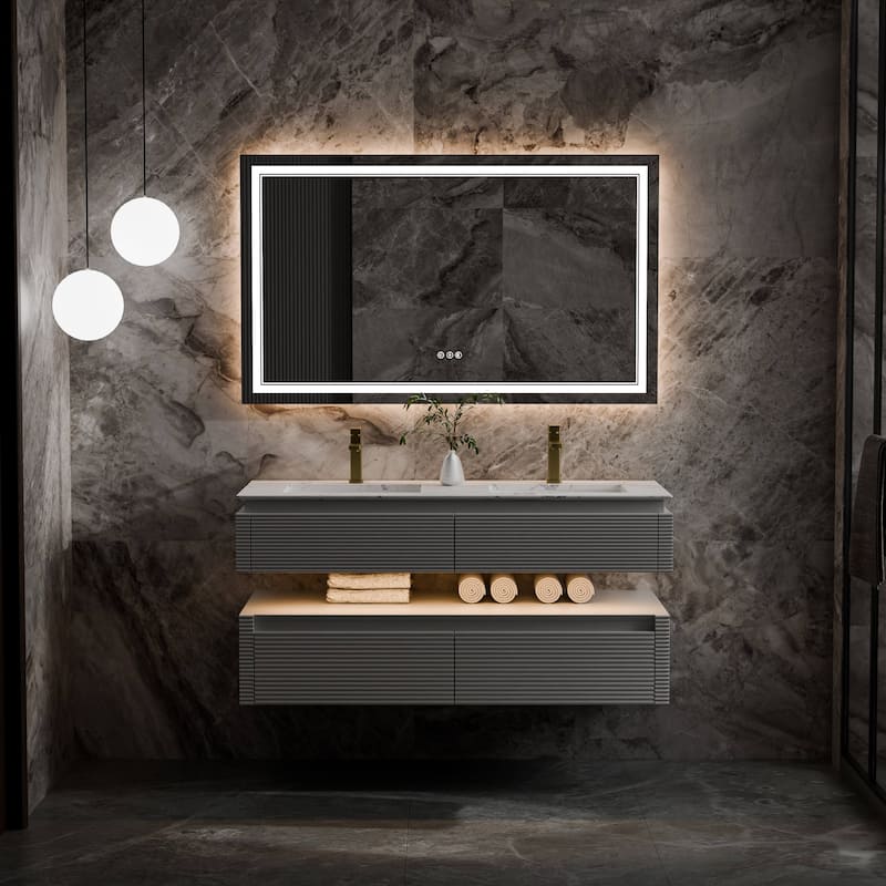 Modland 48" Modern Wall-Mounted Double Sink Bathroom Vanity with Engineered Stone Countertop,LED Light