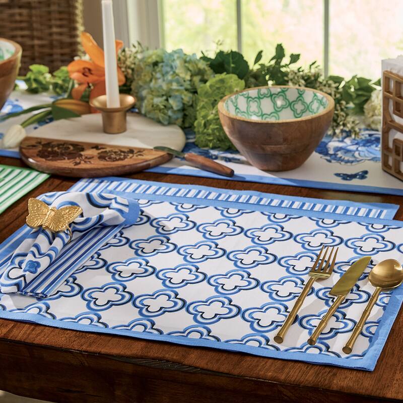Patricia Heaton Home Blue Geo Printed Stripe Napkin Set of 4 - 18 x 18 x 0.1