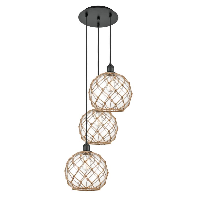 Innovations Lighting Endless Possibilities Ballston - Farmhouse Rope - 3 Light 17" Cord Hung Multi Pendant - Clear Glass with Brown Rope/Matte Black