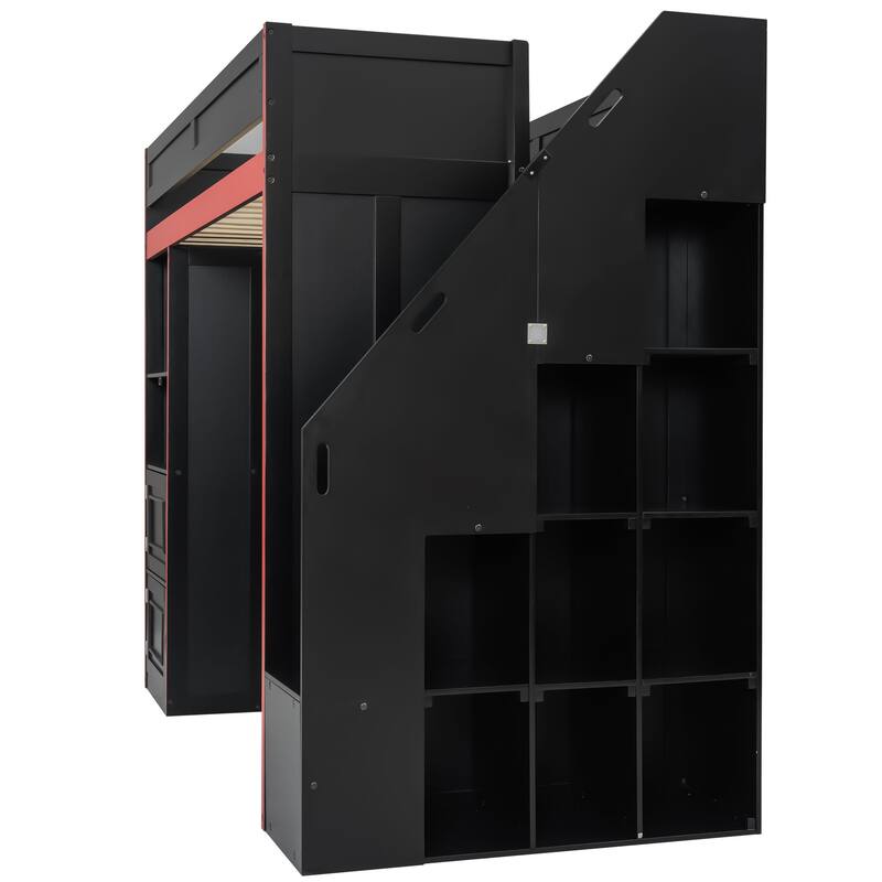 Black Gaming Loft Bed with Wardrobe, Desk, LED Lights, Cabinets and Storage Stairs