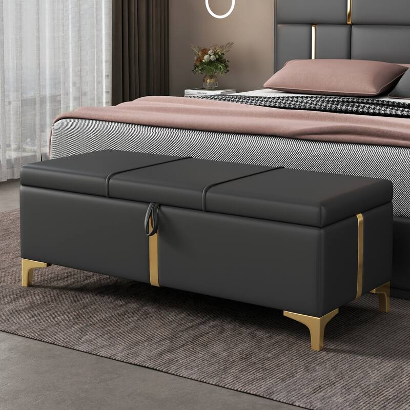Faux Leather Storage Ottoman Bench, End of Bed Storage Benches, Modern Accent Bench with Metal Legs - Black