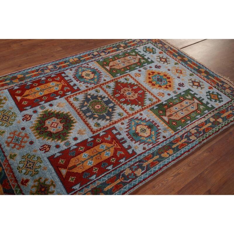 Blue Geometric Oushak Oriental Area Rug Hand-Knotted Wool Carpet - 3'11"x 5'11"