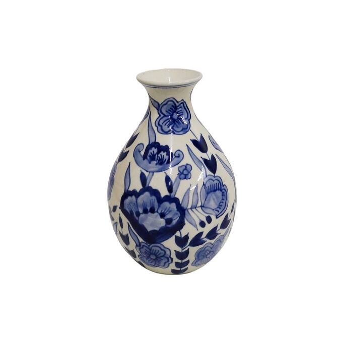 Home&Manor Ceramic Bottle Vase White/Blue