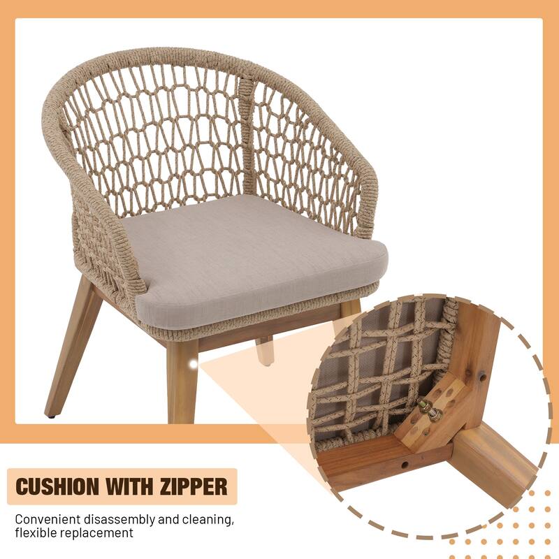 Outdoor Wooden Dining Table Set with 6 Woven Rope Chairs