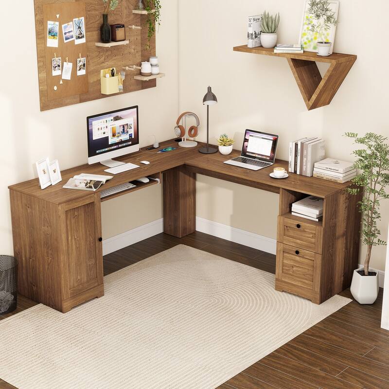 Gymax 66 Inch L-Shaped Computer Desk Spacious Corner Desk w/ Drawers &