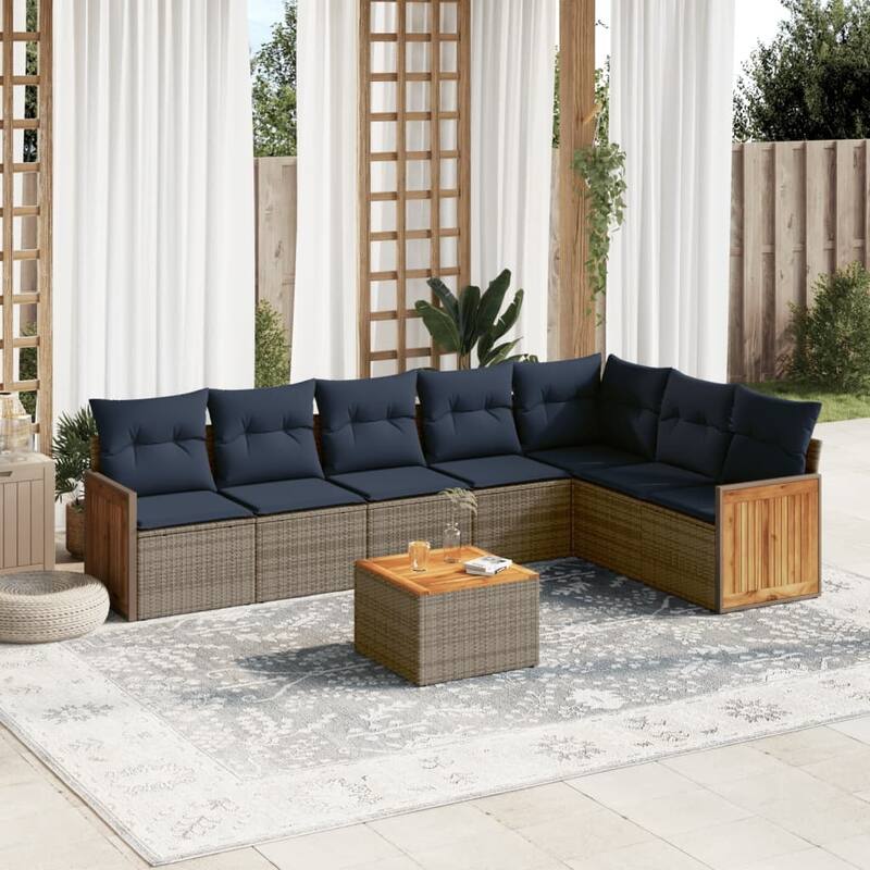 vidaXL 7/8 Piece Patio Sofa Set with Cushions Black/Gray Poly Rattan - 21.7 x 24.4 x 27.2 - Gray With table