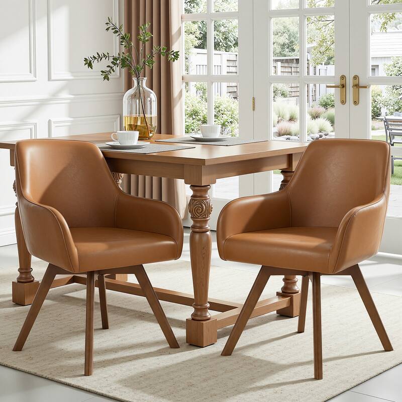 Swivel Upholstered Dining Chair Set of 2 Armchair with Beech Wood Legs - 33.3" H x 23.2" W x 22.4" D - Set of 2 - Brown-PU