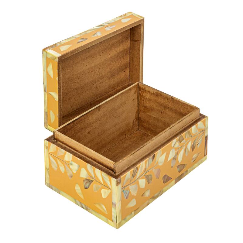 Mother of Pearl and Reclaimed Wood Box with Floral Design - 6.0"L x 4.0"W x 3.0"H