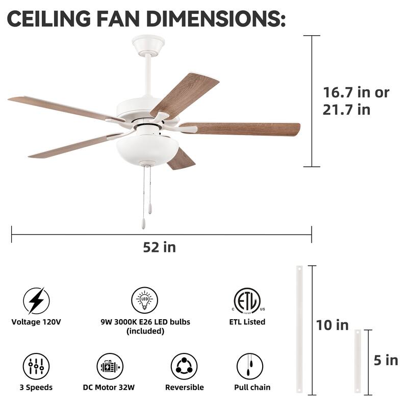 White 52 in. Indoor 5-Blade Modern Reversible Ceiling Fan with Light Kit and Pull Chain - 52 in. Dia x 16.7 in. or 21.7 in.