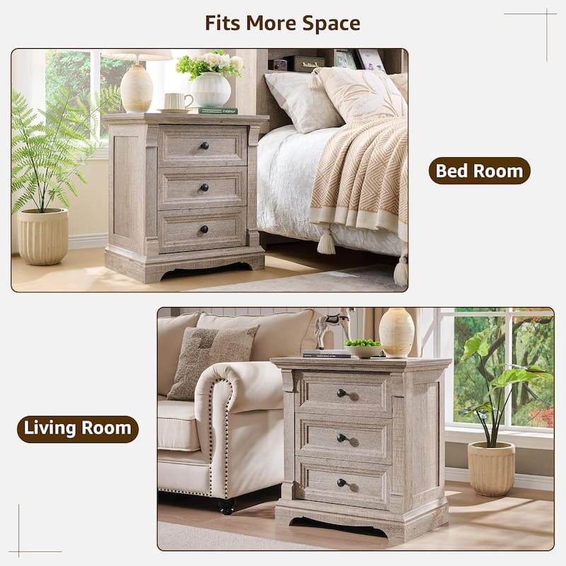 Farmhouse 3 Drawers Nightstand with Charging Station, Rustic End Table
