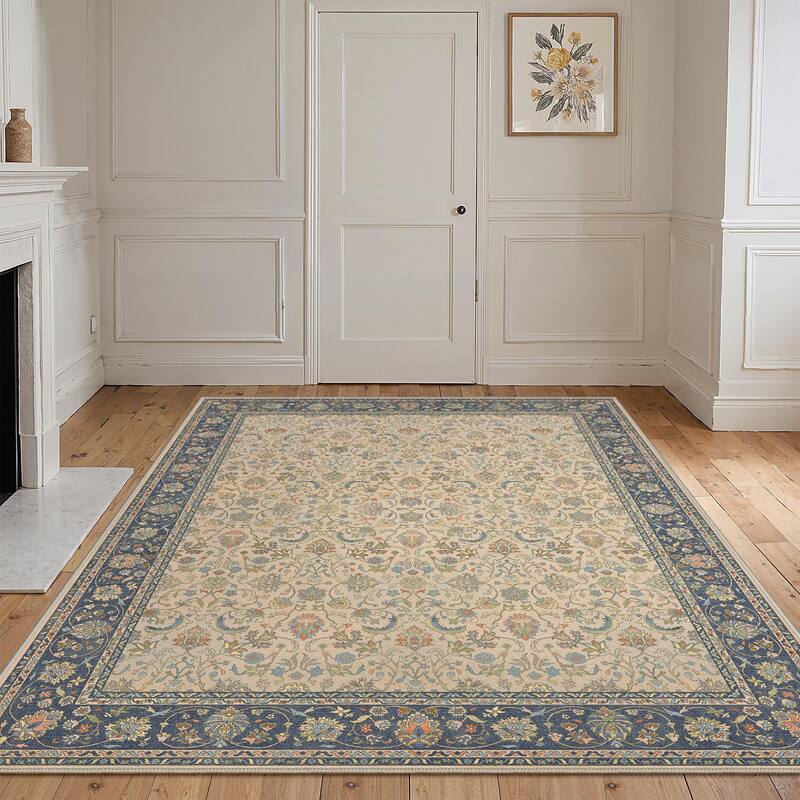 Mcow Vintage Floral Low-Pile Machine-Washable Area Rug