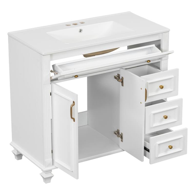 36" Bathroom Vanity with Sink, Storage Vanity Cabinet with Flip-Out Drawer, 3 Drawers, 2 Soft-Close Doors and Gold Handles