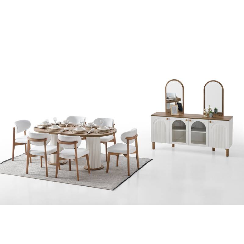 Blin 8-Piece Oval Dining Table, 6 Dining Chair With Wood Leg Set And 72" Buffet With Mirror