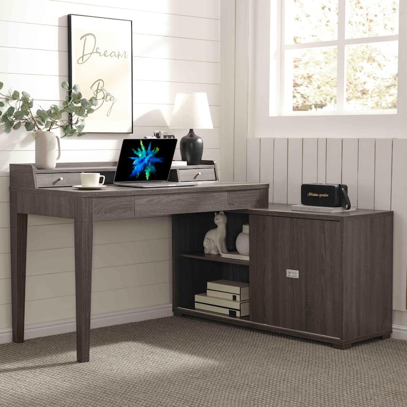 L-Shaped Home Office Desk with Sliding Door aluminum and Aluminum Grip