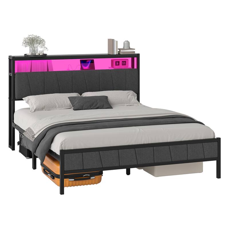 Storage Upholstered Platform Bed with LED Lighting Included and Built In USB Port