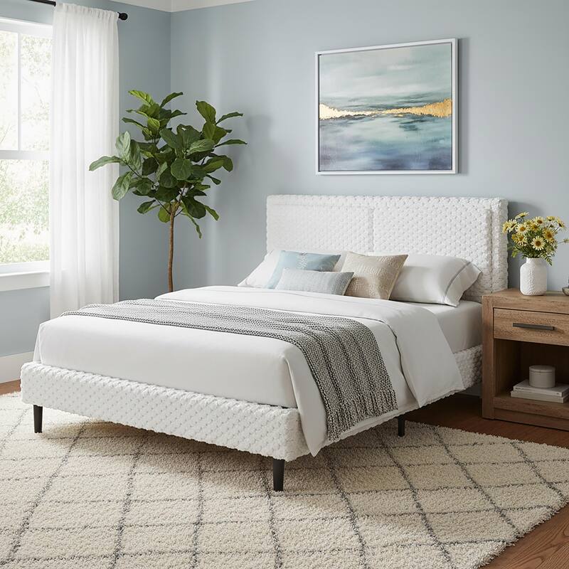 Roomfitters Queen Modern Plush Upholstered Bed Frame, Soft Padded Backrest