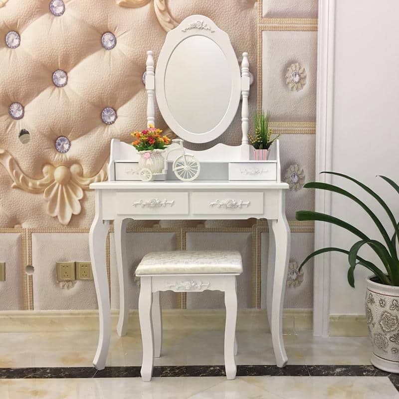 Rotation White Mirror Dressing Vanity Table Makeup Desk with Stool - (29.52 x 15.75 x 56.1)"