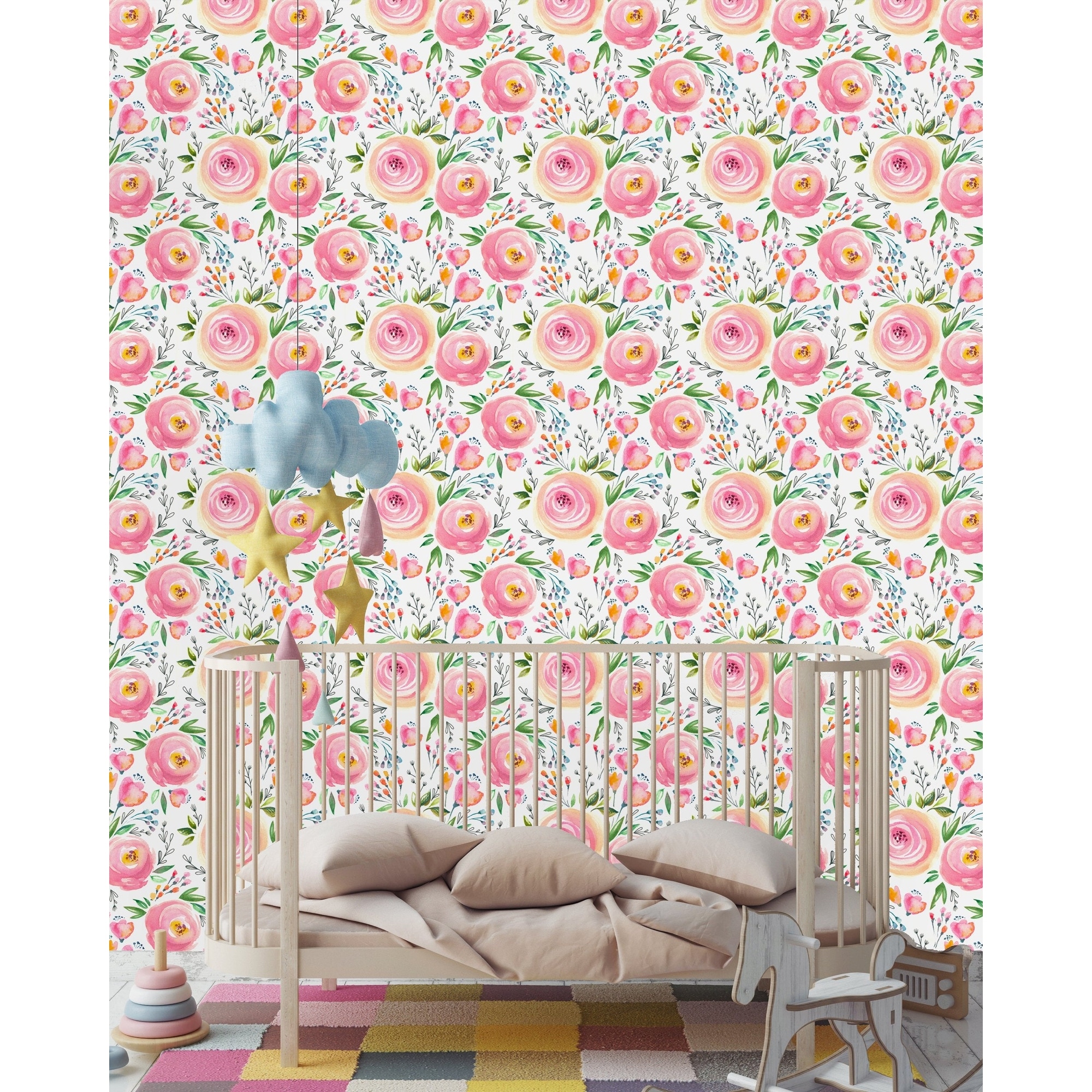 COCODECO Green Leaf Wallpaper Pink Daisies Prepasted Paper for Kids Room  Nursery PVCFree Removable 67 H x 102 W   Amazoncom