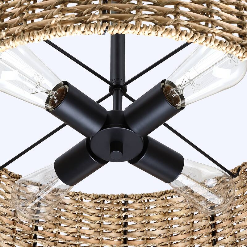 Lennie 4-Light Rattan Drum Chandelier with Black Canopy - 20'' W