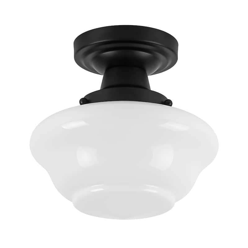 8.7" 1-Light Vintage Brass/Black Milk Glass Flush Mount Ceiling Light for Hallway