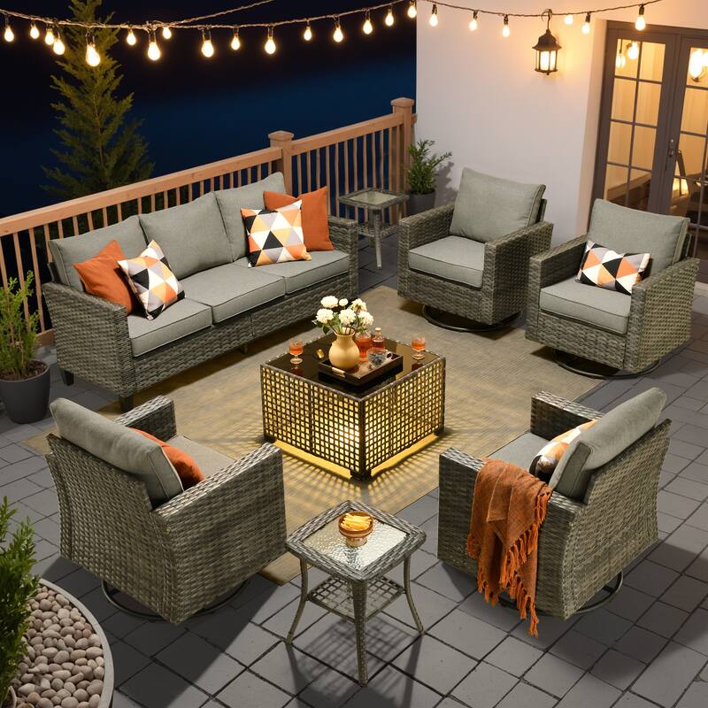 OVIOS 8 Pieces Outdoor Swivel Chair Set with Solar-Powered Table - DarkGrey