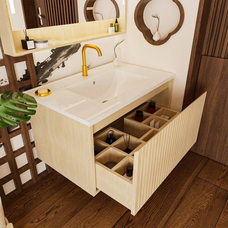 GDFStudio - Ari Modern Aesthetic Freestanding Bathroom Vanity with Ceramic Sink, Soft Close Drawers & Large Storage Spaces