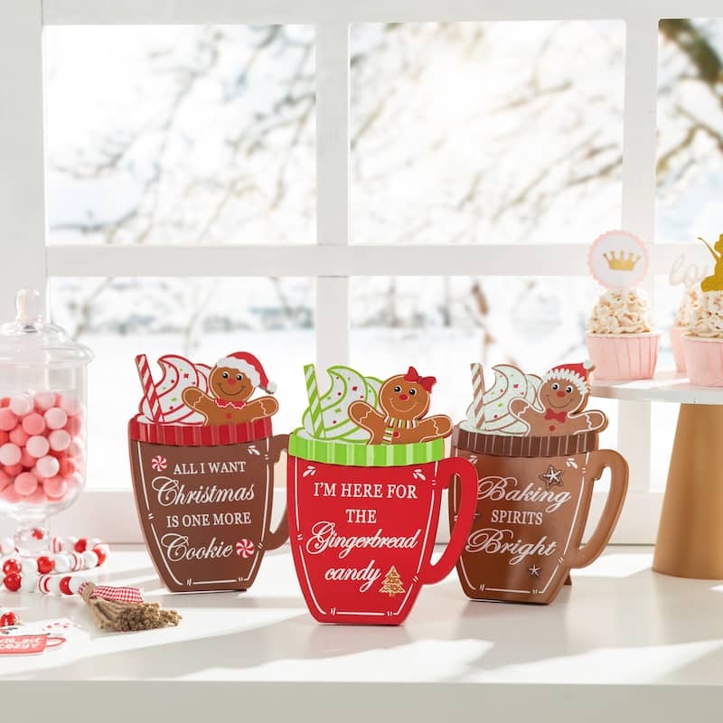 Glitzhome Set of 3 8"H Christmas Wooden Gingerbread Man Mug Table Decor