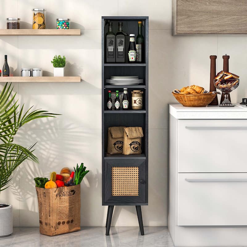 Costway Rattan Storage Cabinet Freestanding Slim Organizer Wood - See Details