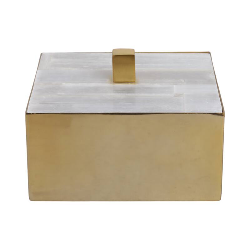 Stone Metal Decorative Box Square Selenite Stainless Steel Modern Glam - 6" x 6" x 4"
