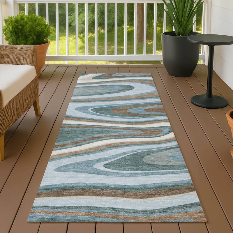 Machine Washable Indoor/ Outdoor Abstract Busey Chantille Rug - Teal - 2'3" x 7'6"