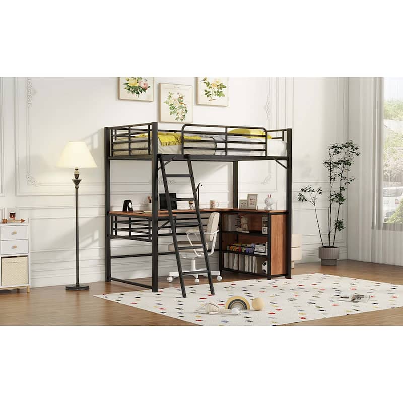 Metal Loft Bed with 3 Layers of Shelves and L-shaped Desk