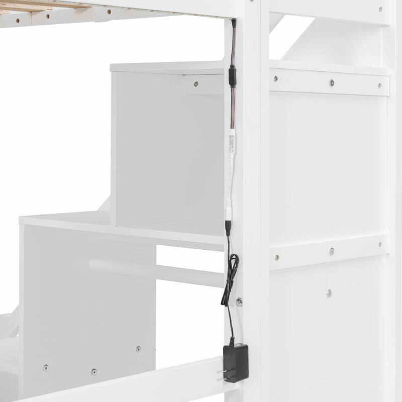 Loft Bed with Two Chest of Drawers, Integrated Desk, and LED Light Strip