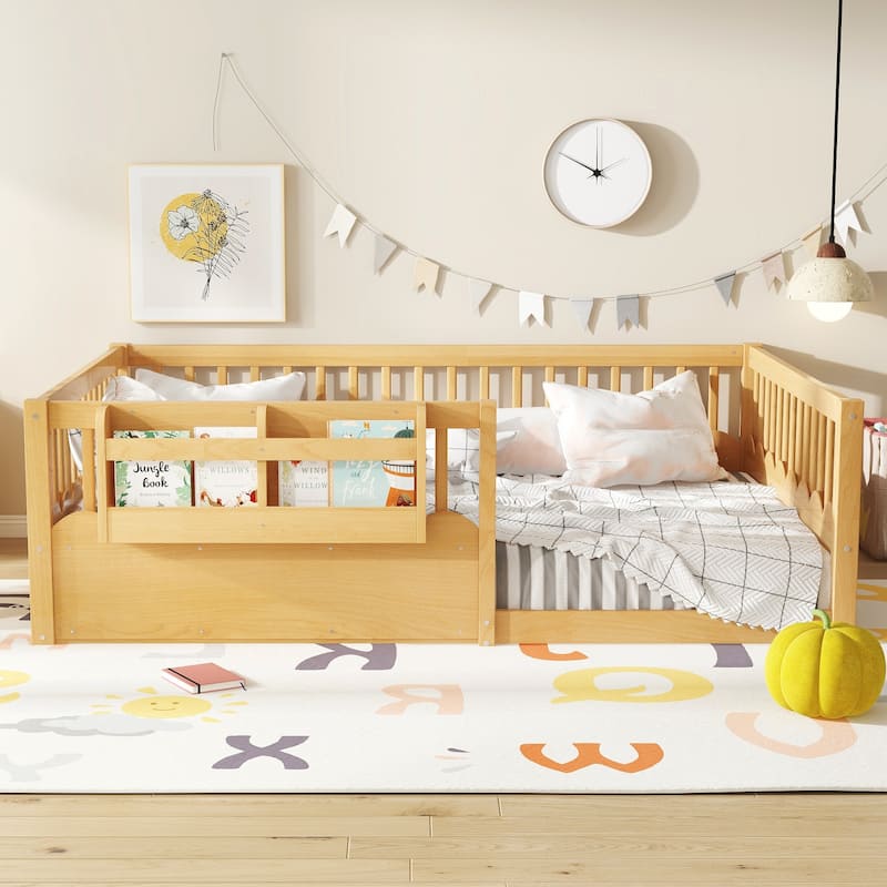 Full Floor bed with Heightened Fence and bookshelf, Wood Floor Bed for Kids