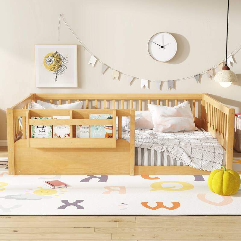 Queen/Full/Twin Floor Bed with Fence and Bookshelf, Wood Kids Floor Bed