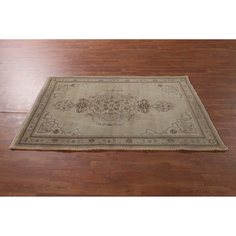Geometric Tabriz Persian Vintage Rug Hand-Knotted Beige Wool Carpet - 3'6"x 5'3"